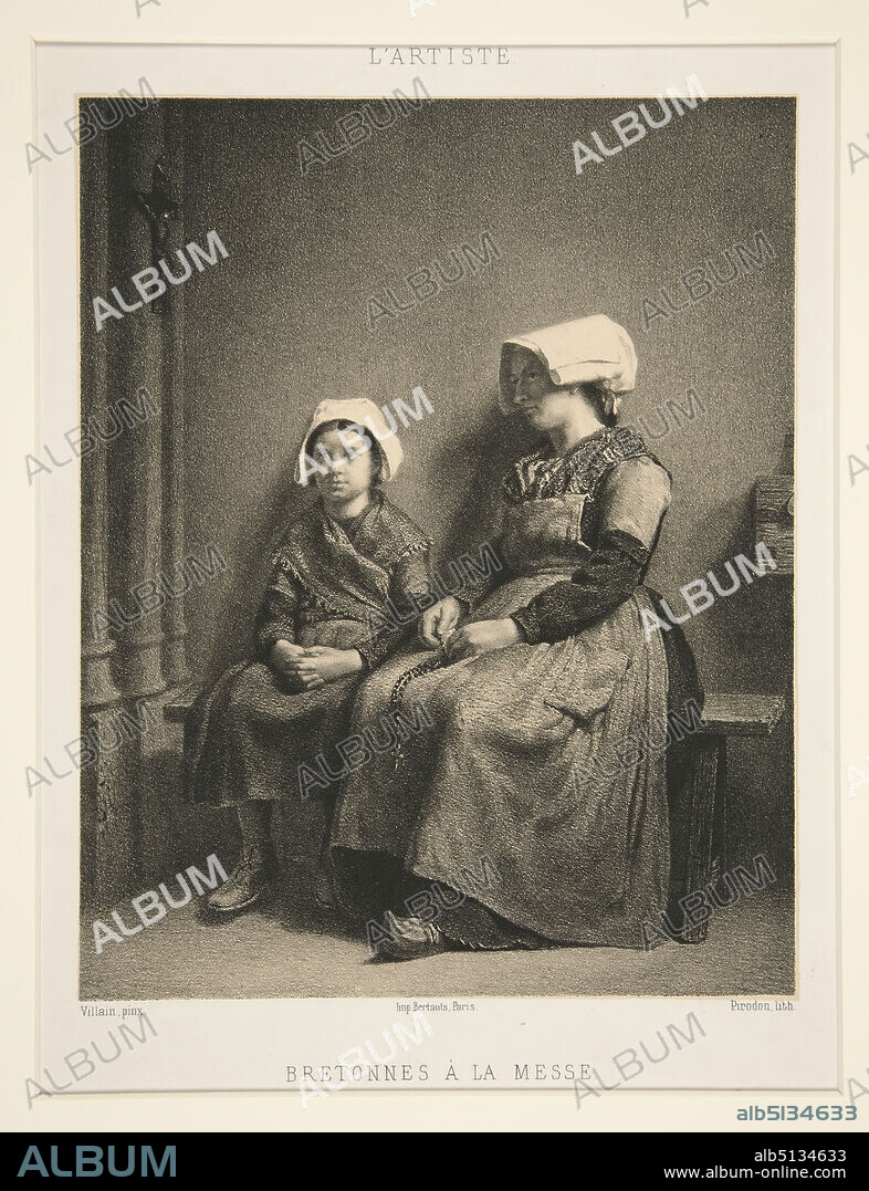 Artist: Louis-Eugene Pirodon, French, 18241908, Bretonnes a la Messe, Lithograph, image: 22.8 × 18.1 cm (9 × 7 1/8 in.), French, 19th century, Works on Paper - Prints.
