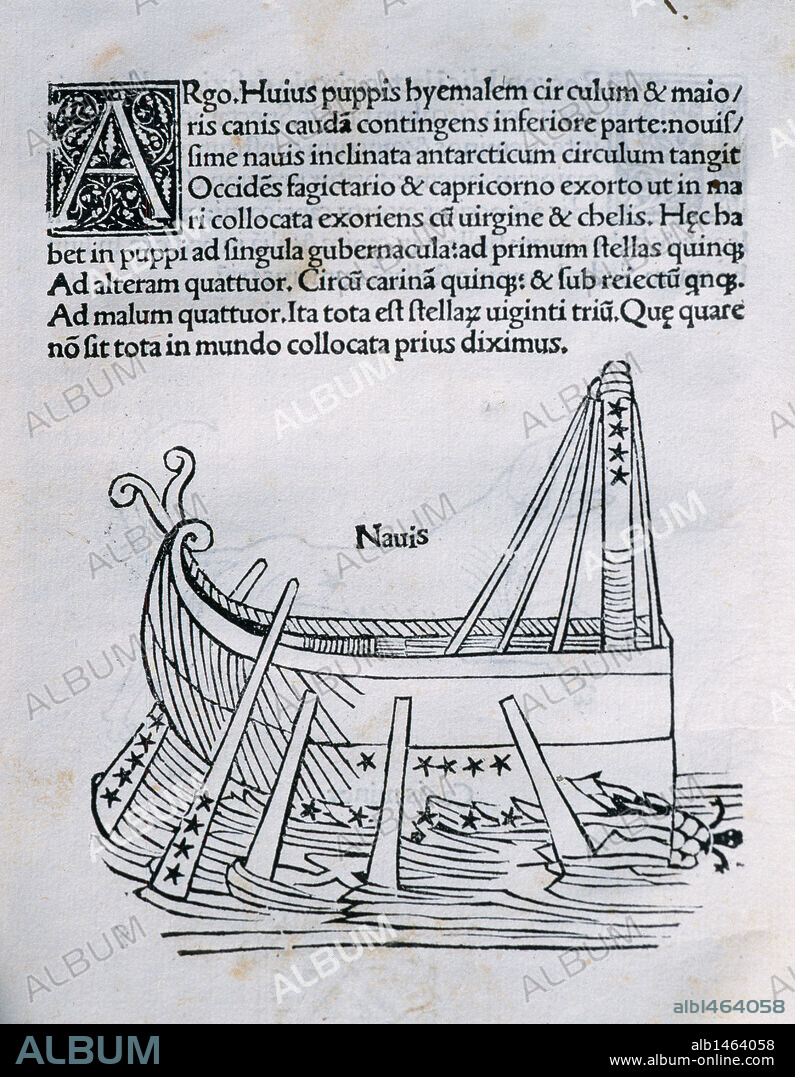 ARGO NAVIS. Interpretación mitológica de la constelación del hemisferio austral, representada por el barco usado por Jasón y los argonautas en su búsqueda del vellocino de oro. Grabado en Poeticon astronomicon, de Cayo Julio Higinio (c.64 a.C.-17). Editada en Venecia, 1485. Incunable.