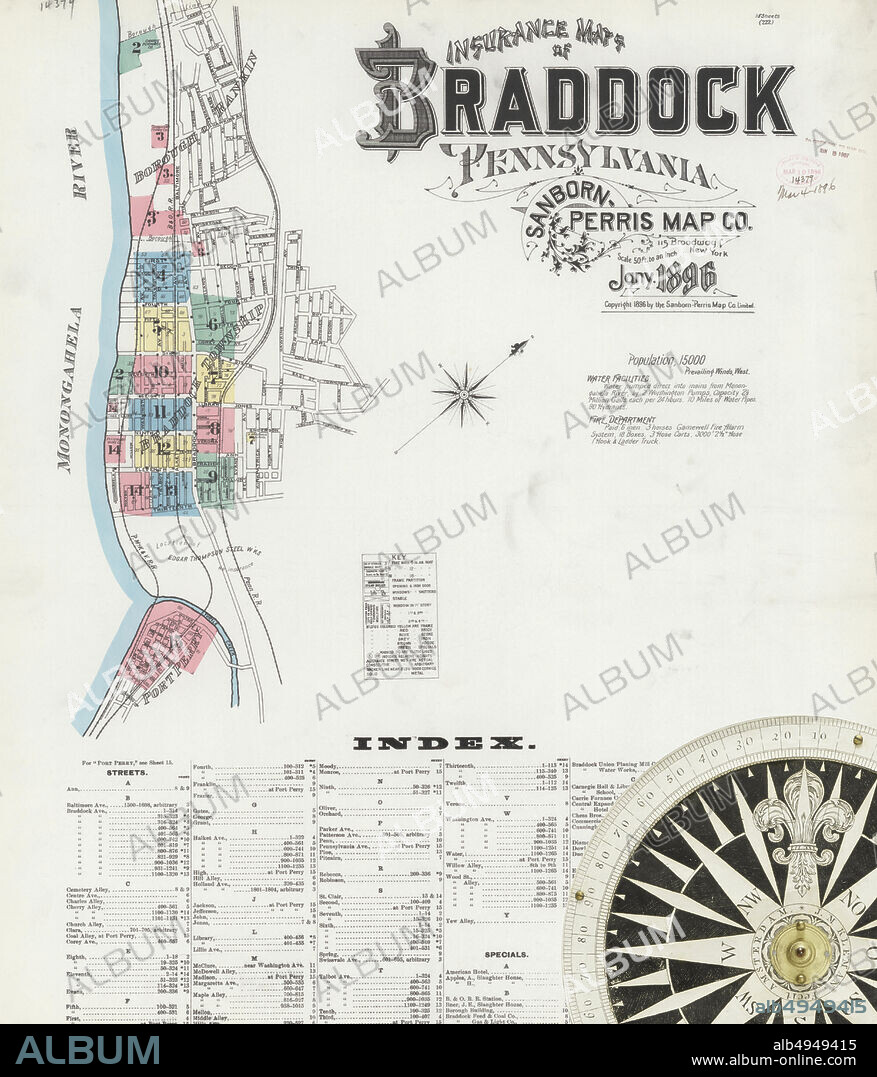 Image 1 of Sanborn Fire Insurance Map from Braddock, Allegheny County, Pennsylvania. Jan 1896. 15 Sheet(s). Includes Port Perry, America, street map with a Nineteenth Century compass.
