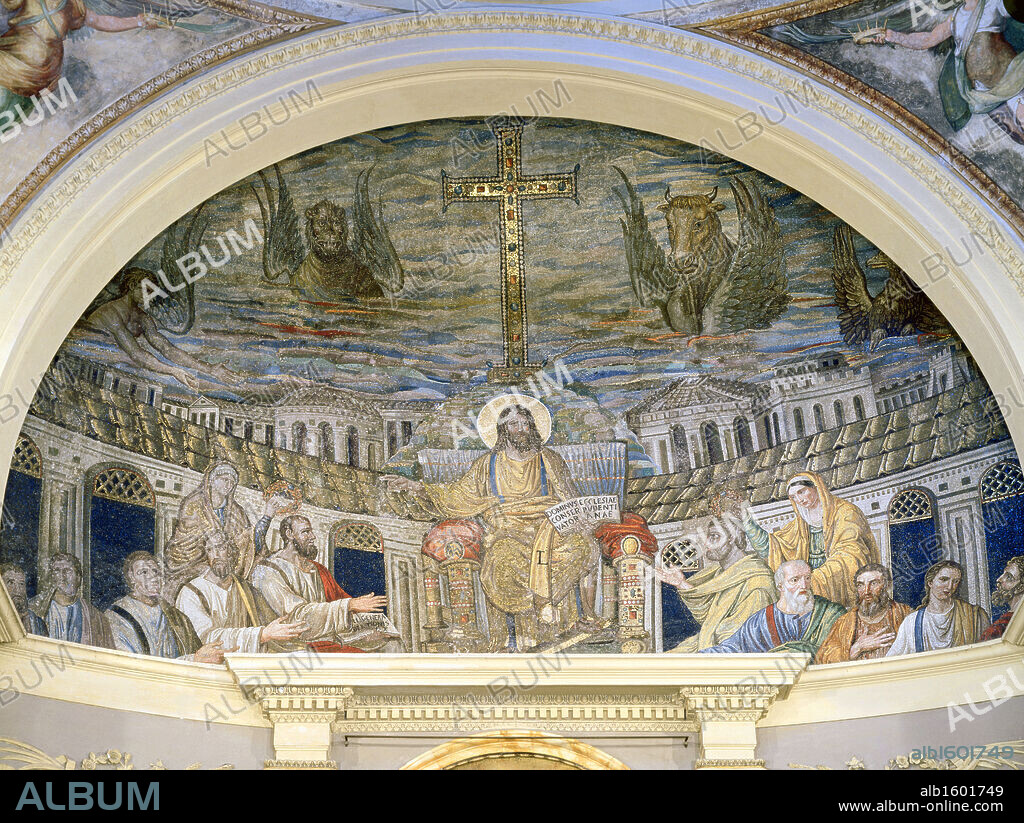 ARTIST UNKNOWN. Christ Enthroned in Majesty, with Saints   ca. 410  Mosaic  Santa Pudenziana, Rome, Italy.