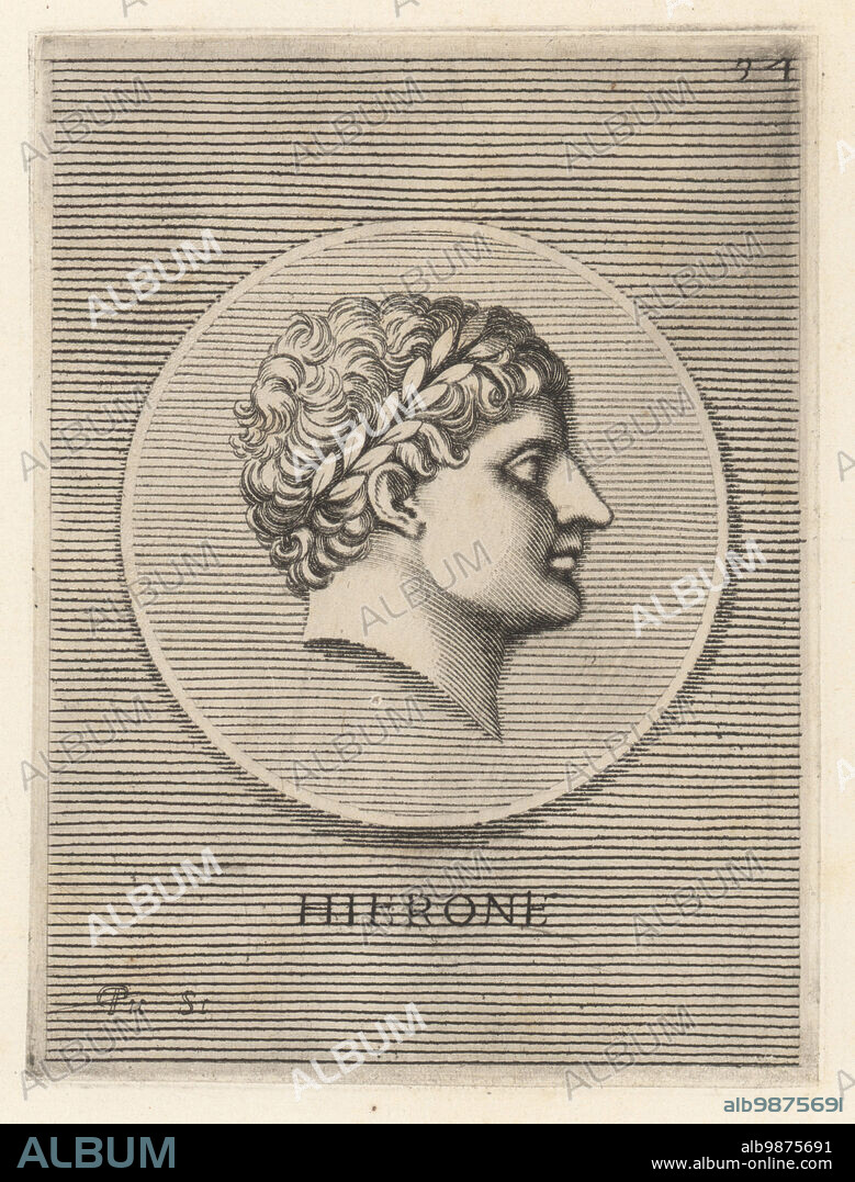 Hiero II, Greek tyrant of Syracuse, Sicily, from 275 to 215 BC. Former general of Pyrrhus of Epirus and important figure of the First Punic War. Head of a young man in laurel crown. Hierone. Copperplate engraving by Etienne Picart after Giovanni Angelo Canini from Iconografia, cioe disegni d'imagini de famosissimi monarchi, regi, filososi, poeti ed oratori dell' Antichita, Drawings of images of famous monarchs, kings, philosophers, poets and orators of Antiquity, Ignatio deLazari, Rome, 1699.