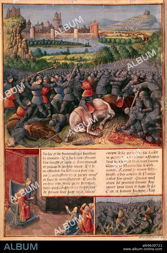 SEBASTIAN MARMORET. Scenes from the First Crusade, 1096-1099 (c1490). In the foreground of the main image, mounted knights unhorsed and killed in a melee of hand-to-hand fighting with (left) a man wielding a two-sided battleaxe or bipennis. In the right background reinforcements are streaming out of city gates. Inset (bottom left) Peter the Hermit (c1050-1115) pleads for help from the Byzantine Emperor Alexius I (1048-1118). The First Crusade was launched in 1095 by Pope Urban II, with the objective of regaining Jerusalem and the Holy Land from the Muslim Turks. Peter the Hermit was a French monk who led the first army of crusaders, the so-called People's Crusade. Rather than an army, the People's Crusade was more of a migration of ordinary people including women and children. On arriving in the lands occupied by the Seljuk Turks, riven by disputes and reduced in numbers by attacks from Slavs, Hungarians and others en route, most of the crusaders were massacred. Peter himself survived, as he was in Constantinople petitioning Alexius for assistance. He later joined the main cruader army that left Western Europe in 1096, and succeeded in capturing Jerusalem in 1099. From Passages fait Outremer (Overseas Voyages).