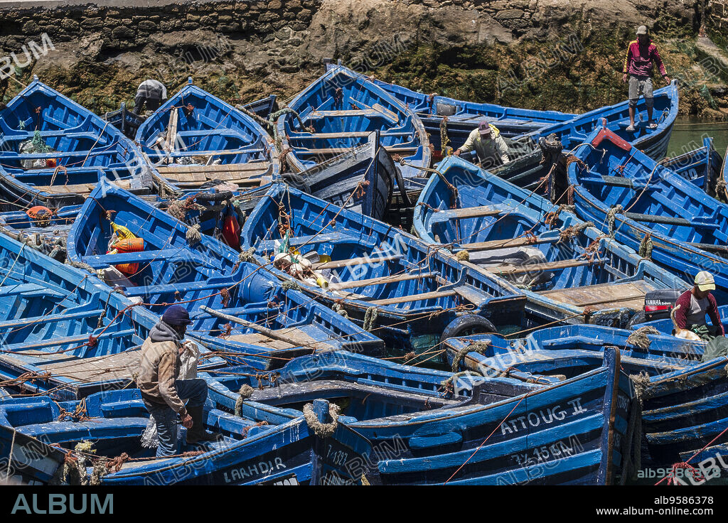 classic Moroccan fishing boats, fishing port, Essaouira, morocco, africa.