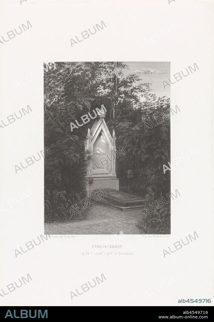 Grave of Petrus Augustus de Génestet Memorial on De Génestet's grave in Rozendaal. (title on object), The grave of Remonstrant preacher and poet Petrus Augustus de Génestet is surrounded by a diversity of plants and his tombstone is illuminated by sunlight, grave, tomb, Rozendaal, Petrus Augustus de Génestet, Christiaan Lodewijk van Kesteren (mentioned on object), 1861 - 1866, paper, steel engraving, h 252 mm × w 175 mm.