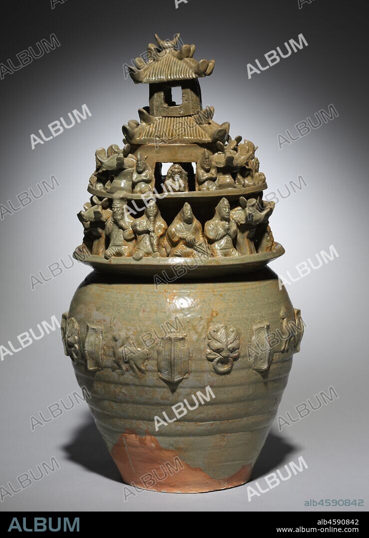 Funerary Urn (Hunping), late 200s. Green-glazed stoneware developed greater variety in the south after the Han dynasty. Large funerary urns known as hunping, or "the urn of the soul," are evidence for its prolific production. This type of urn features multistoried towers populated by human figures, animals, and birds. It was likely associated with the southern funerary tradition of "summons of the soul." The wandering soul of the deceased was summoned to return. The urn with architectural designs (sometimes with grains placed inside) provided a safe place of refuge.