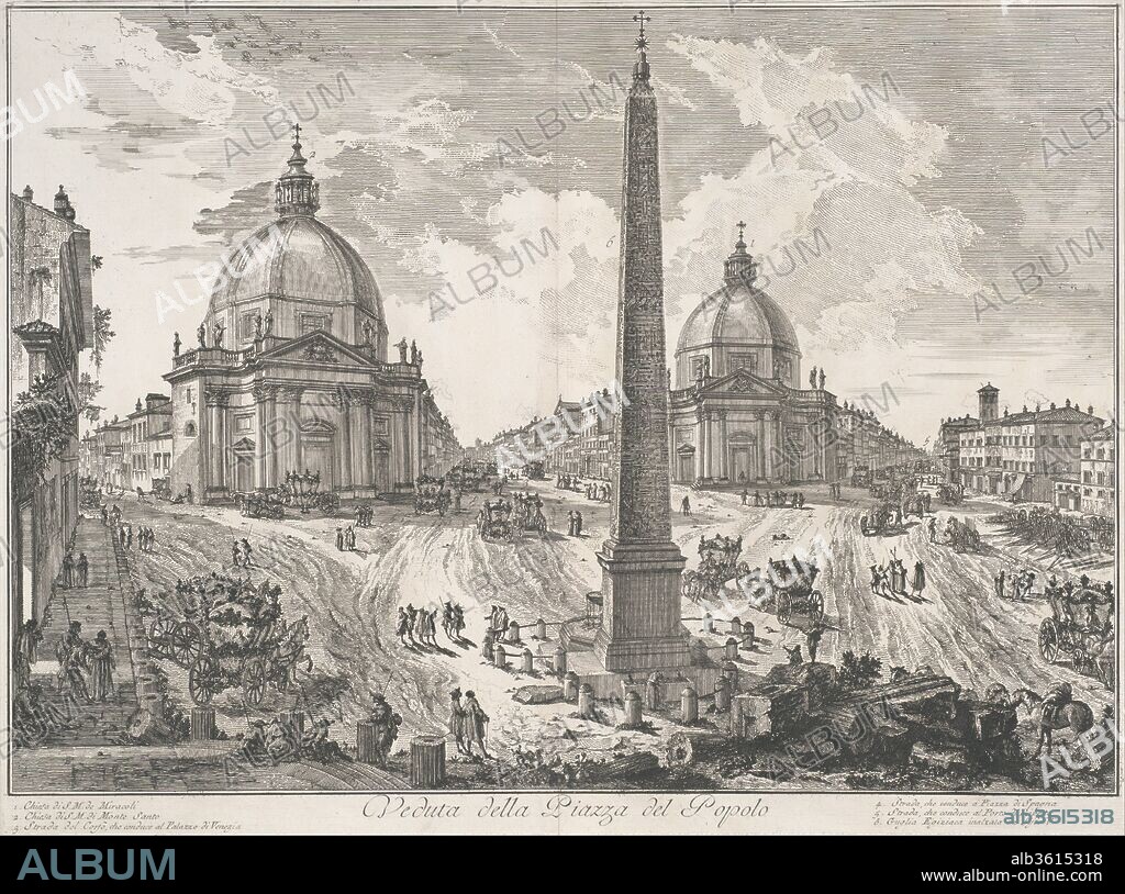 The Piazza del Popolo (Veduta della Piazza del Popolo). Artist: Giovanni Battista Piranesi (Italian, Mogliano Veneto 1720-1778 Rome). Dimensions: image: 14 15/16 x 21 1/4 in. (38 x 54 cm). Series/Portfolio: Vedute di Roma. Date: ca. 1750.
Until the construction of railways in Rome in the nineteenth century, visitors entered the city through the Piazza del Popolo. The area acquired its monumental profile under Pope Sixtus V, who oversaw the construction of twin churches opposite the gateway into the square and the placement of an Egyptian obelisk in the center. In Piranesi's view, the obelisk extends almost from top to bottom of the composition, dwarfing the spectators gesturing beneath it and the coaches that circulate nearby. Radiating into the distance are the three great avenues that lead - as Piranesi's caption reminds us - to three popular tourist destinations, the Piazza di Spagna, the Palazzo di Venezia, and the Porto di Ripetta.