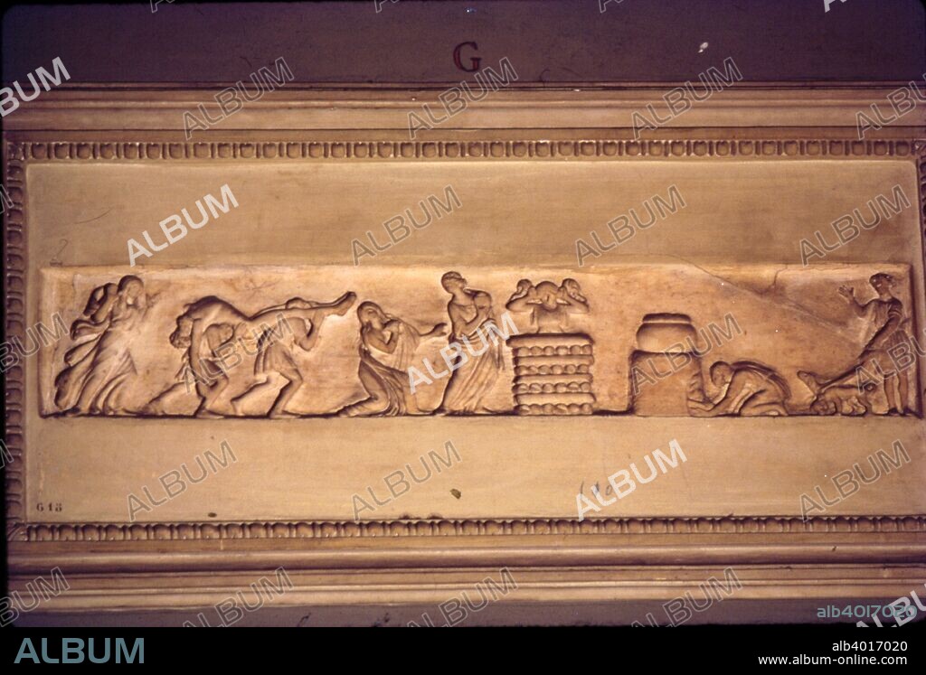 Roman Funeral rite or corpse being carried to Pyre, c3rd century.  Terracotta lid of sarcophagus showing a corpse being carried to the pyre; found near Torre dei Conti (near Rome). Capitoline Museum, Rome.