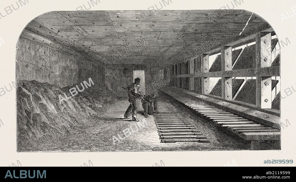 THE MANUFACTURE OF GUN BARRELS, AT BIRMINGHAM, UK: THE PROOF HOUSE, 1851 engraving.