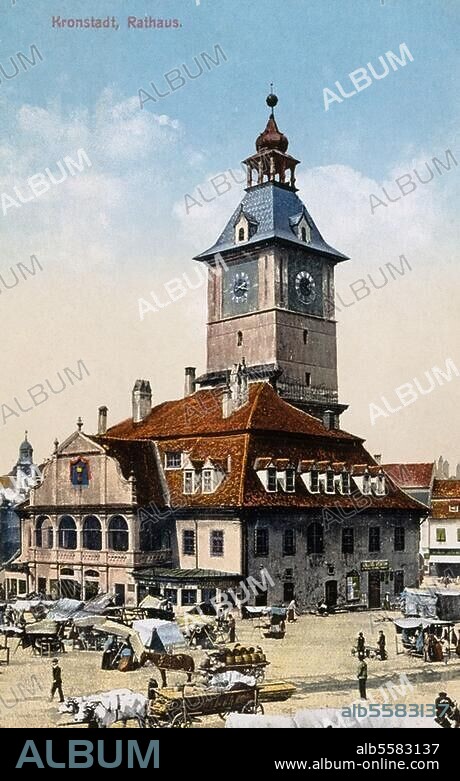 Brasov (Roumanie), hôtel de ville. Vue extérieure. Carte postale photo, coloriée, 1916.