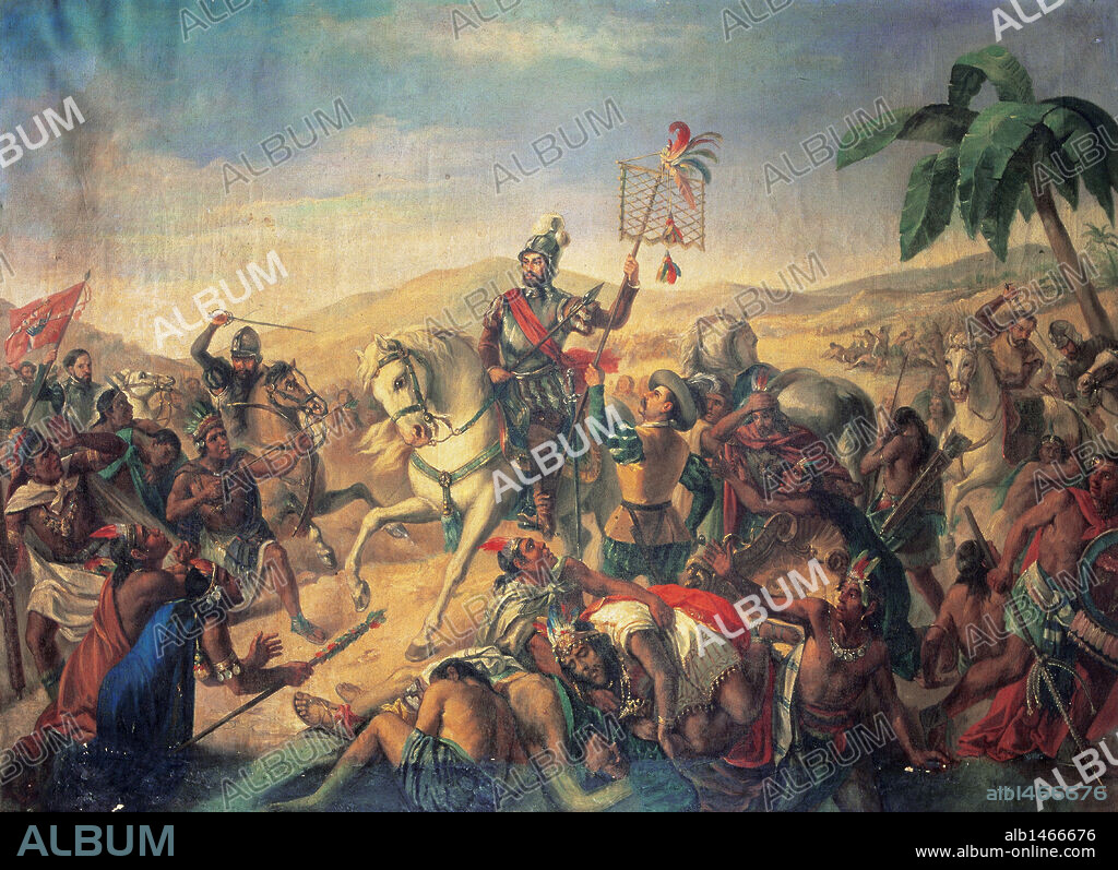 CORTES, Hernán (Medellín, 1488-Castilleja de la Cuesta, 1547). Conquistador español de México. Nombrado por Carlos V gobernador y Capitán General de México (1522). "BATALLA DE OTUMBA". Pintura anónima que refleja la victoria de los españoles sobre los aztecas en el año 1520. Museo del Ejército. Madrid. España.