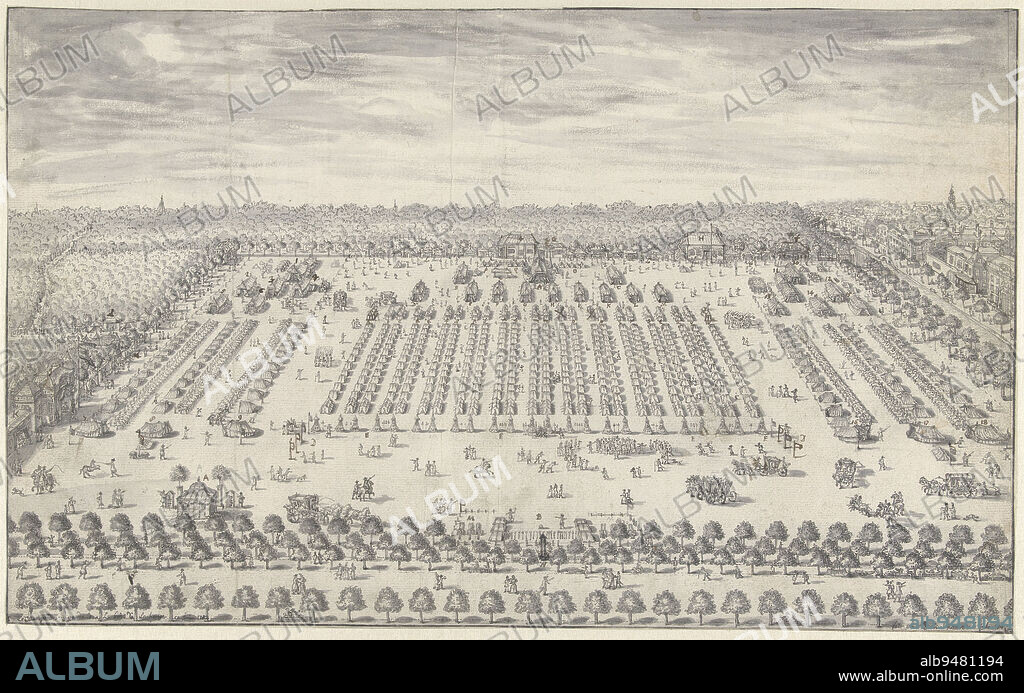Kampement near The Hague, 1742, Daniël Marot (II), 1742, Bird's eye view of the great army exercise the Kampement at The Hague, an army camp stored by order of the States of Holland and West Friesland in the Haagse Bos near The Hague, May 29, 1742. Design for a print., draughtsman: Daniël Marot (II), Northern Netherlands, 1742, paper, h 282 mm × w 457 mm.