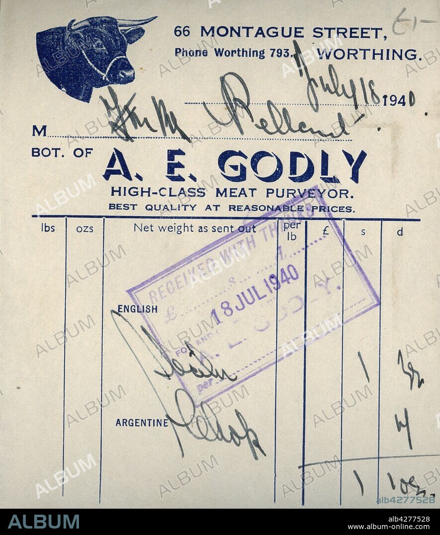 Butcher's receipt, 1940. Receipt issued by A.E. Godly, 'High-Class Meat Purveyor', of Montague Street, Worthing in Sussex, stamped 'Received with thanks' and dated 18 July 1940. Rationing of meat during the Second World War did not start until later. By 1942, meat, milk, cheese, eggs and cooking fat were rationed.