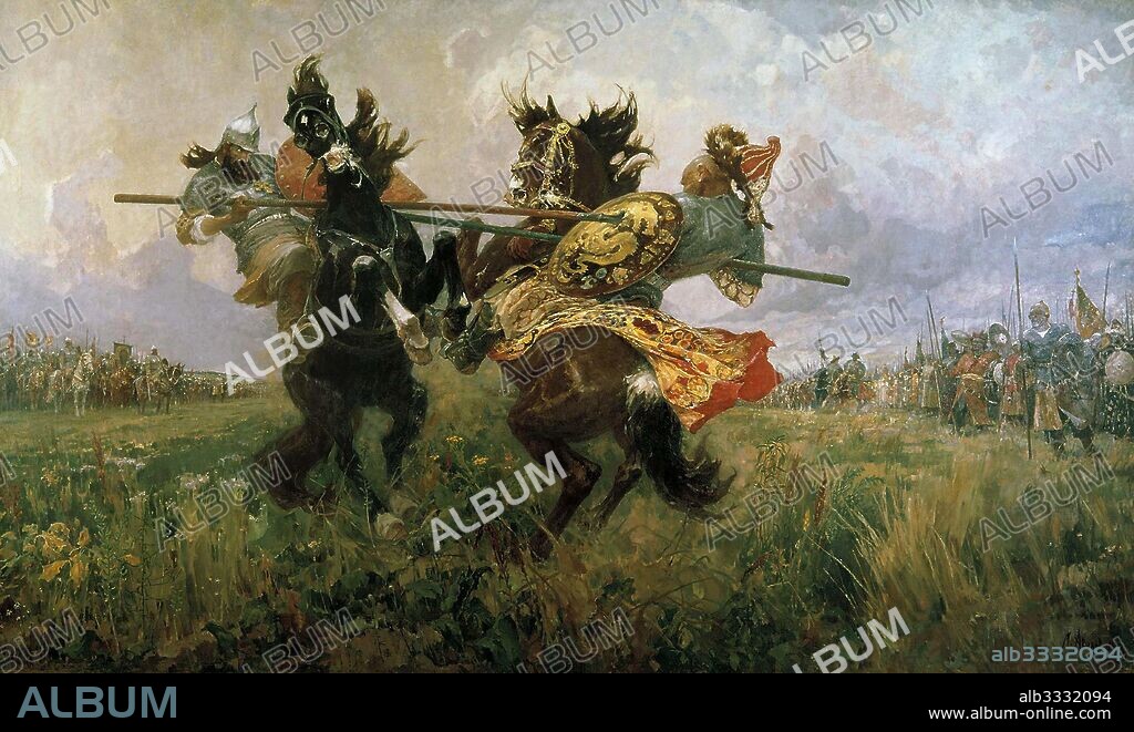 MIKHAIL IVANOVICH AVILOV. Single combat of Peresvet and Temir-murza on the Kulikovo Field in 1380.