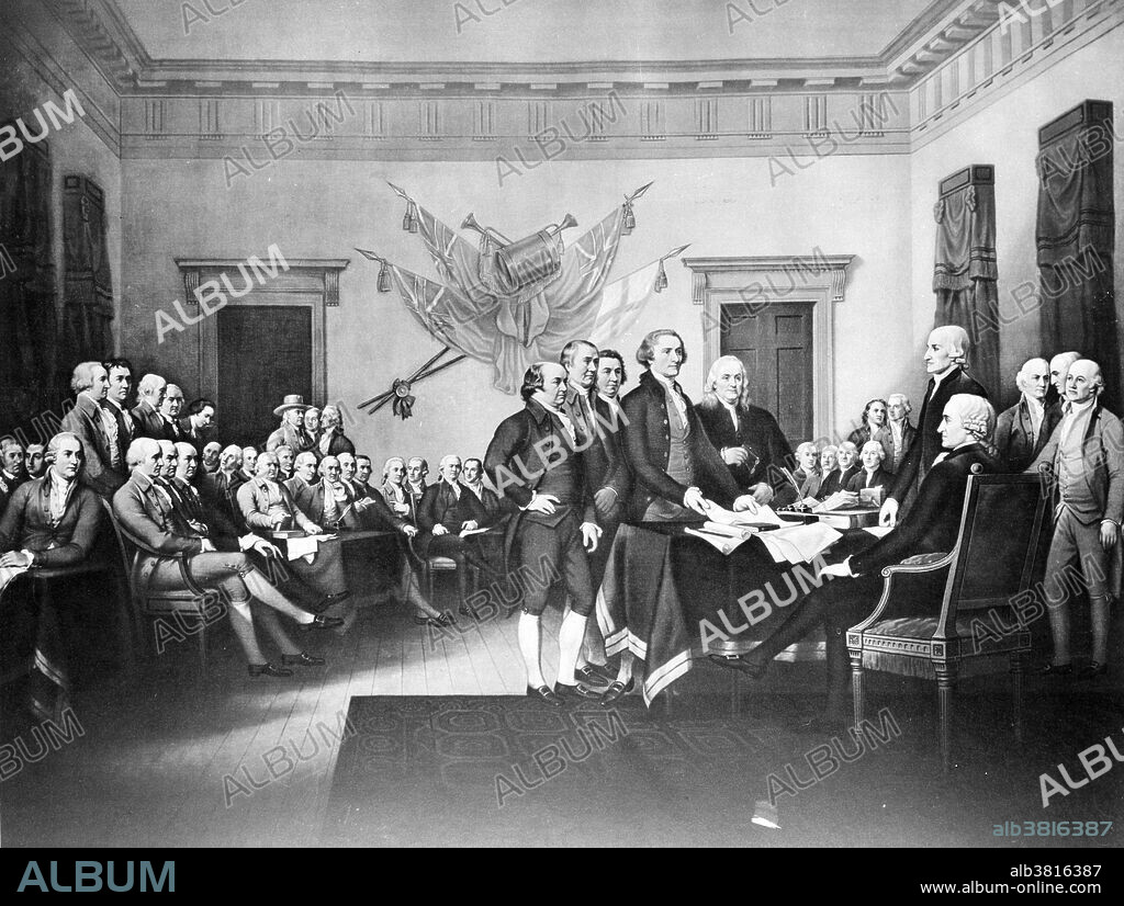 The signing of the Declaration of Independence on July 4, 1776 in Philadelphia. This original painting by John Trumbull hangs on display in the U.S. Capitol.
