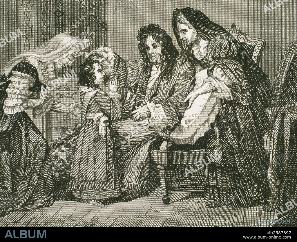 Louis XIV (1638-1715), King of France, with his grandson. Engraving.