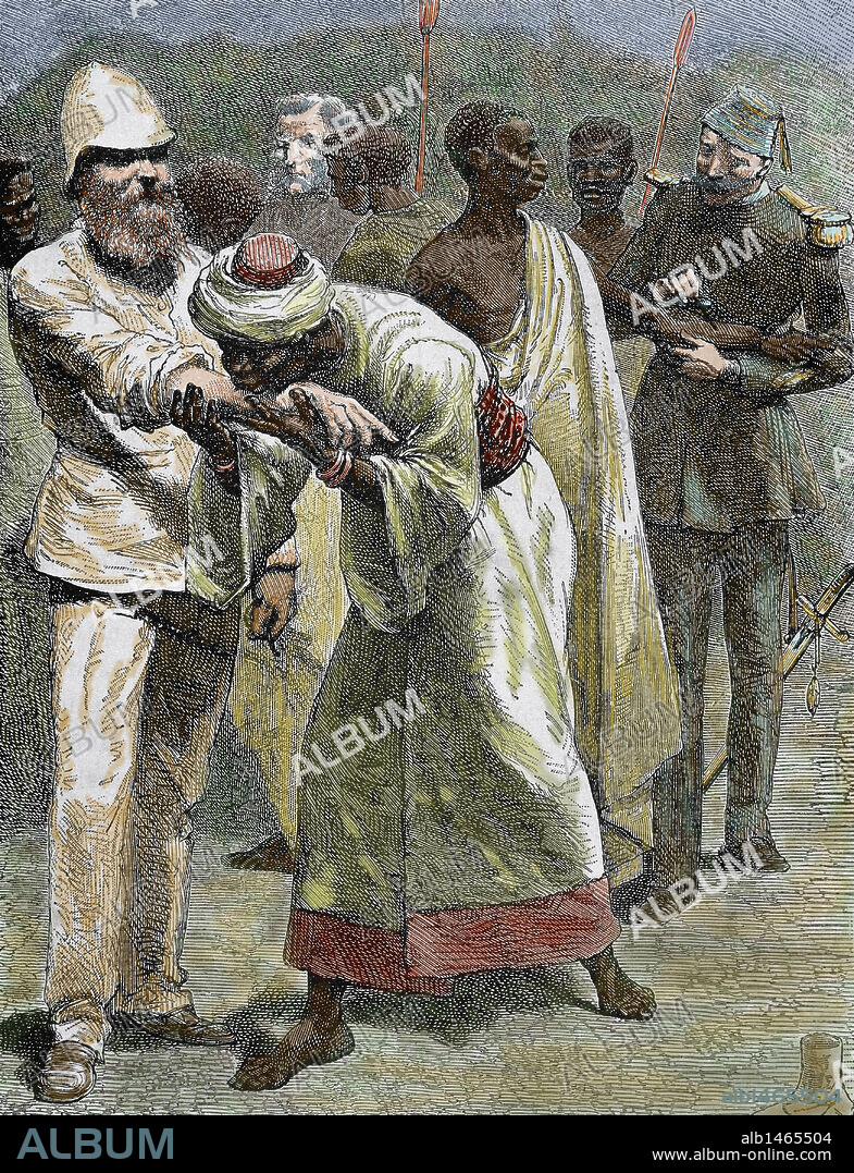 Indígena africano besando el brazo a un colono europeo. Grabado coloreado del año 1887.