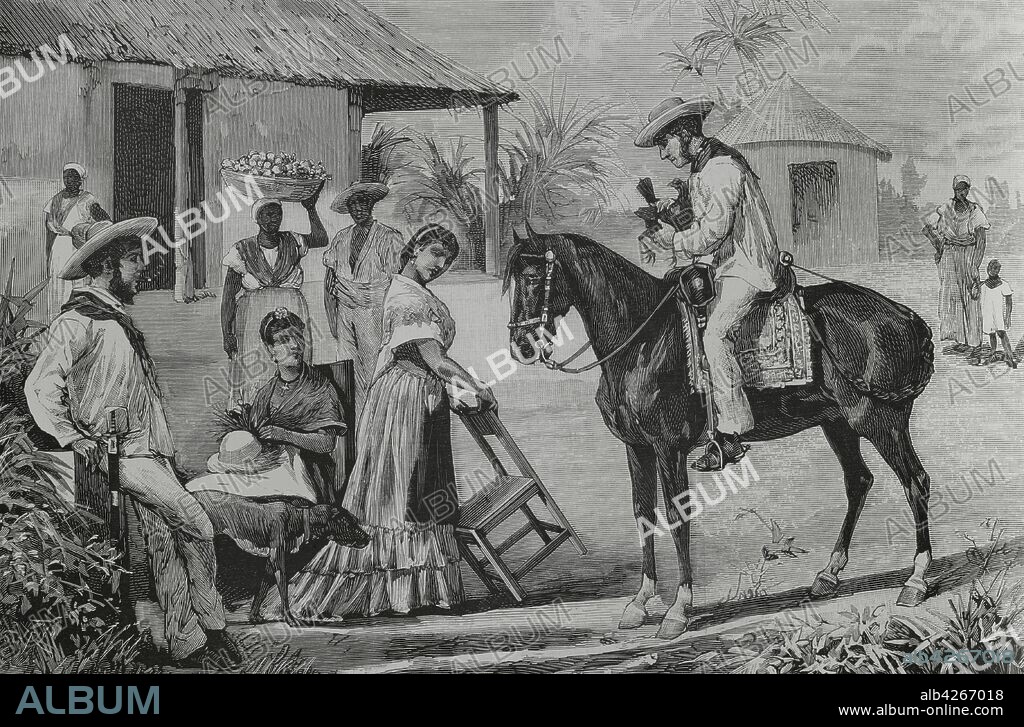 Island of Cuba. Family of guajiros (Cuban farmers). Engraving after an illustration of Victor Patricio Landaluze. La Ilustracion Espa–ola y Americana, 1881.