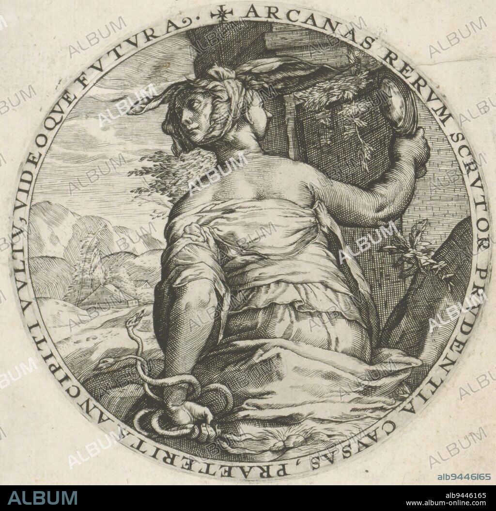 The female personification of Prudence Prudentia, one of the four cardinal virtues, with a Janus head In her hands she carries her personal attributes: the mirror and the serpent Print from a series featuring theological virtues, Prudence Theological virtues Virtutu Theologicaru , print maker: Crispijn van de Passe (I), Cologne, 1600, paper, engraving, d 98 mm.