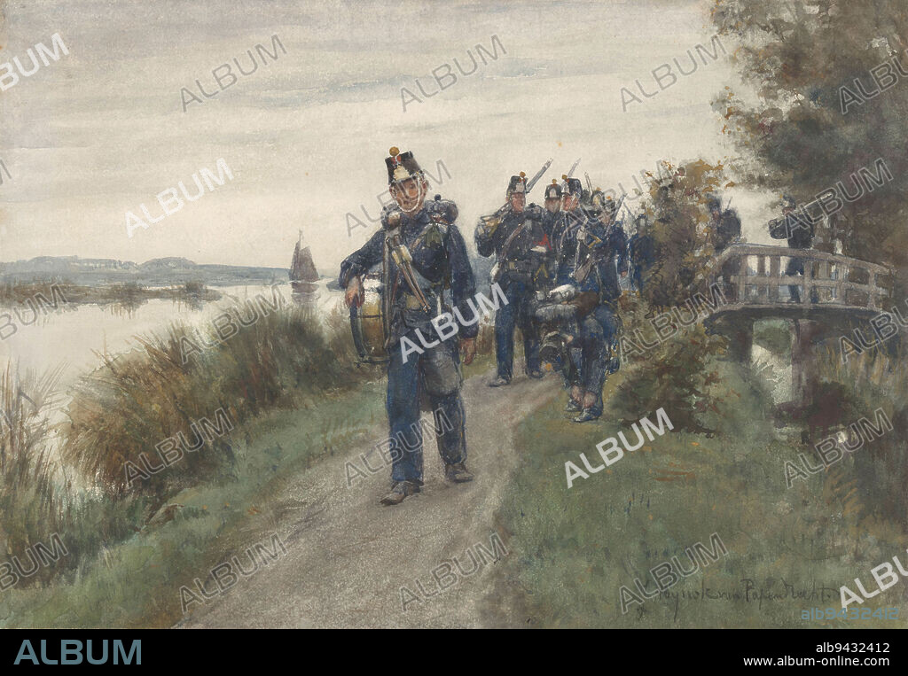 Infantry patrol, draughtsman: Jan Hoynck van Papendrecht, 1868 - 1933, paper, brush, h 274 mm × w 395 mm.