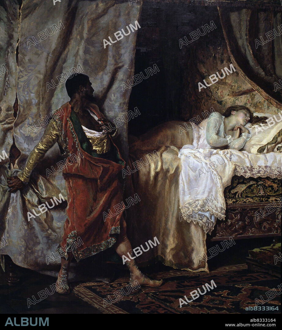 OTELO. PERSONAJE DE TRAGEDIA DE W . SHAKESPEARE. " OTELO Y DESDEMONA " , OLEO DE ANTONIO MUÑOZ DEGRAIN " ( . MUSEO DE CHADO . LISBOA ( DETALLE ) 1880.
