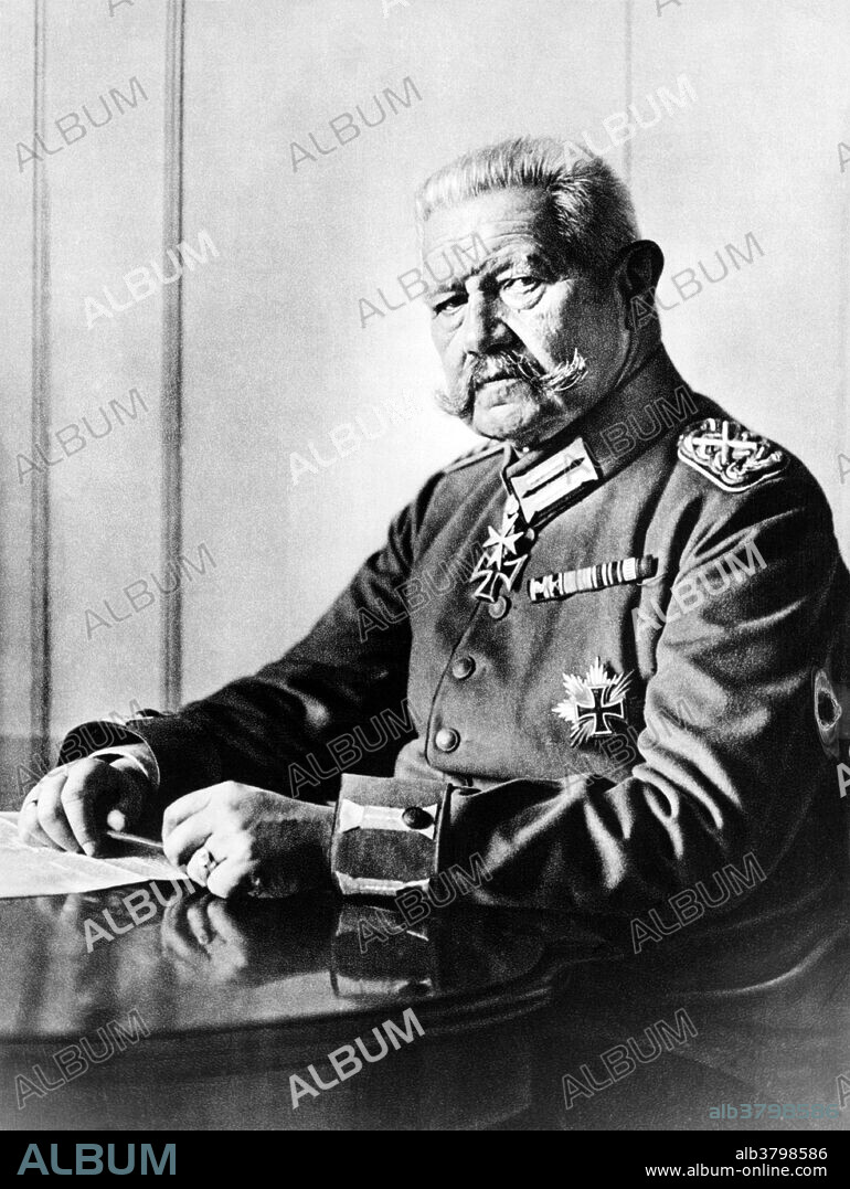 Paul Ludwig Hans Anton von Beneckendorff und von Hindenburg (October 2, 1847 - August 2, 1934) was a Prussian-German field marshal, statesman, and politicia. He first came to national attention during WWI, at the age of 66, as the victor at Tannenberg in 1914. In 1925 he was elected as the second President of Germany. In 1932, 84 years old and in poor health, he was considered the only candidate who could defeat Adolf Hitler. He was re-elected in a runoff.Although he was opposing Hitler, the deteriorating political stability of the Weimar Republic led him to dissolve the parliament twice and with increasing pressure from the rising Nazi party he was forced to appoint Hitler as Chancellor in January 1933. In February, he issued the Reichstag Fire Decree which suspended various civil liberties, and in March he signed the Enabling Act, in which the parliament gave Hitler's administration legislative powers. He remained in office until his death in 1934, at the age of 86. from lung cancer.