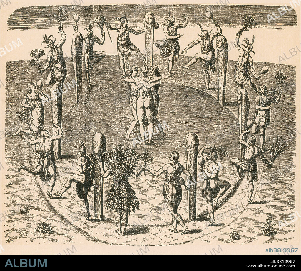 Late 16th-century engraving by Theodor de Bry, after a watercolor by John White in what is now North Carolina, titled Their Dances at Their Great Feasts. The engraving shows men and women dancing around a circle defined by posts with carved faces. Three women stand together in the centre. Although de Bry never set foot in the New World himself, he made many copies of watercolors by other artists, often making them look more European. The engravings are some of the earliest, if not necessarily the most accurate, surviving records of the Native Americans of the period.