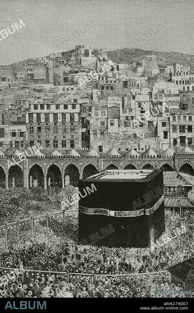 Arabia Saudí. La Meca. Vista general de la ciudad. En el centro de la Mezquita Masjid al-Haram, la Kaaba, que alberga la "Piedra Negra". Grabado. Detalle. La Ilustración Española y Americana, 1882.