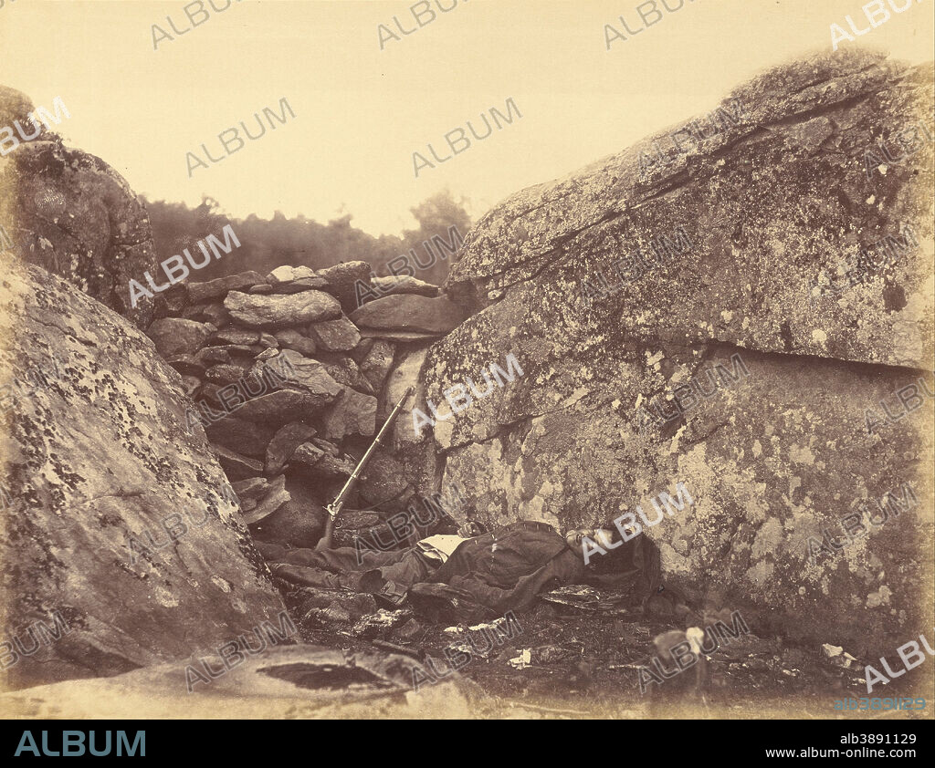 ALEXANDER GARDNER. Home of a Rebel Sharpshooter, Gettysburg. Date/Period: Negative July 1863; print 1866. Print. Albumen silver. Height: 176 mm (6.92 in); Width: 230 mm (9.05 in).