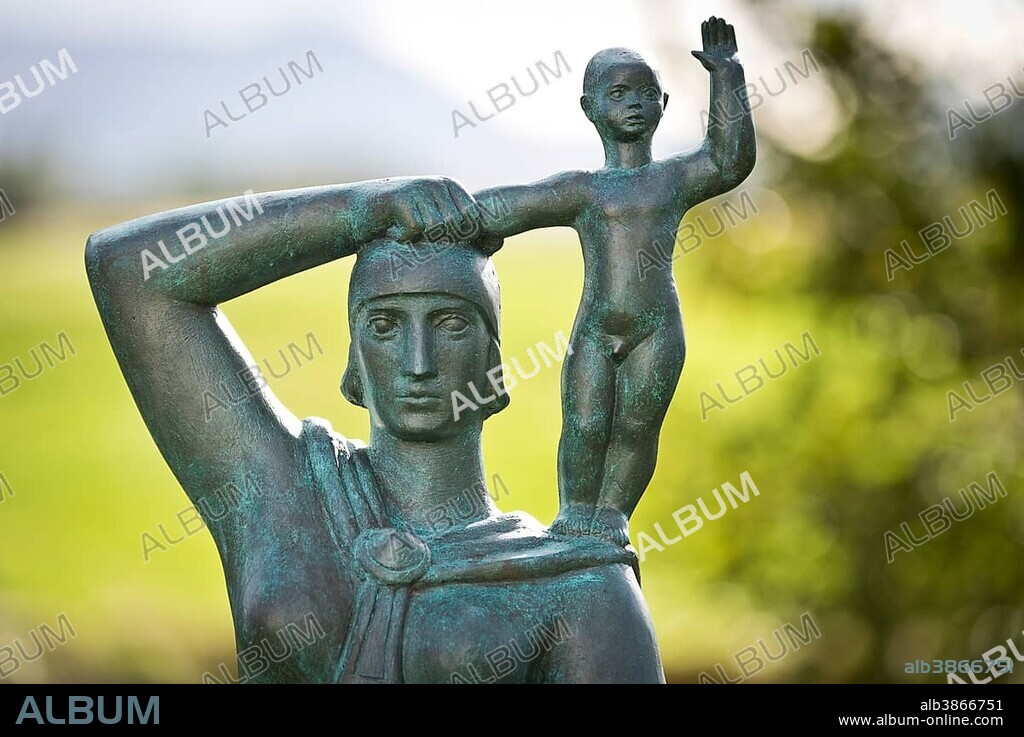 Monument to Gudrid Thorbjarnardóttir with her son Snorri Thorfinnsson, the first American-born child of European descent, Glaumbaer or Glaumbær Museum, Northwestern Region, Iceland