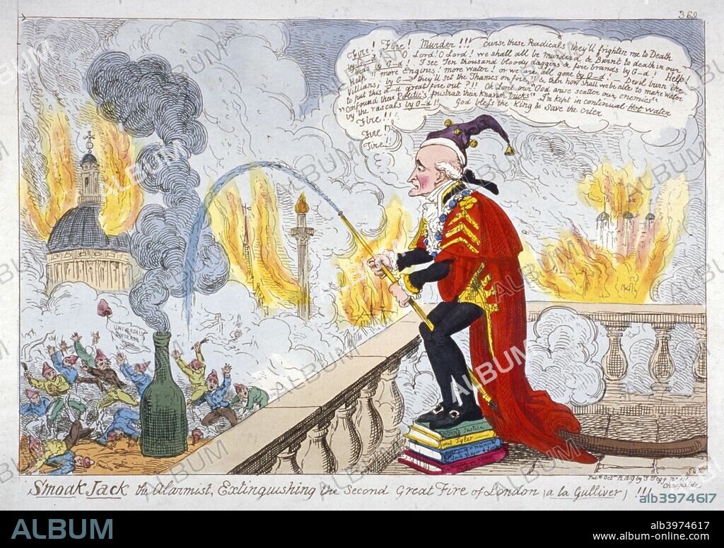 'Smoak Jack the alarmist, extinguishing the second Great Fire of London (a la Gulliver)!!!', 1819. Alderman Atkins stands on balcony of Mansion House directing a jet of water on little Jacobins below who have set fire to London. He was Lord Mayor of London in 1818.