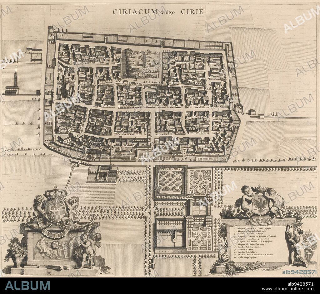 Map of Cirie with buildings in bird's eye view Bottom left the coat of arms of the Duke of Savoy, bottom right the coat of arms of the Doria family, Map of Cirie Ciriacum vulgo Cirie , print maker: anonymous, publisher: erven Johannes Blaeu, (possibly), publisher: Adriaen Moetjens (I), (possibly), publisher: Amsterdam, publisher: The Hague, 1682 - 1697, paper, etching, engraving, h 458 mm × w 530 mm.