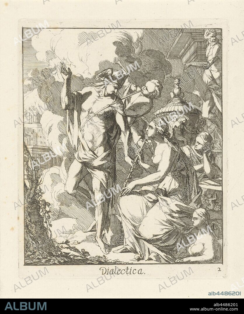 Dialectica Septem Artes liberales (series title), Mercury, descended from a cloud, makes a statement to a seated woman (Dialectica). Behind them an angel blows on two trumpets, 'Dialectica' (trivium), 'Dialettica' (Ripa), (story of) Mercury (Hermes), horn, trumpet, cornet, trombone, tuba, Caspar Luyken, Amsterdam, 1691, paper, etching, h 174 mm × w 140 mm.