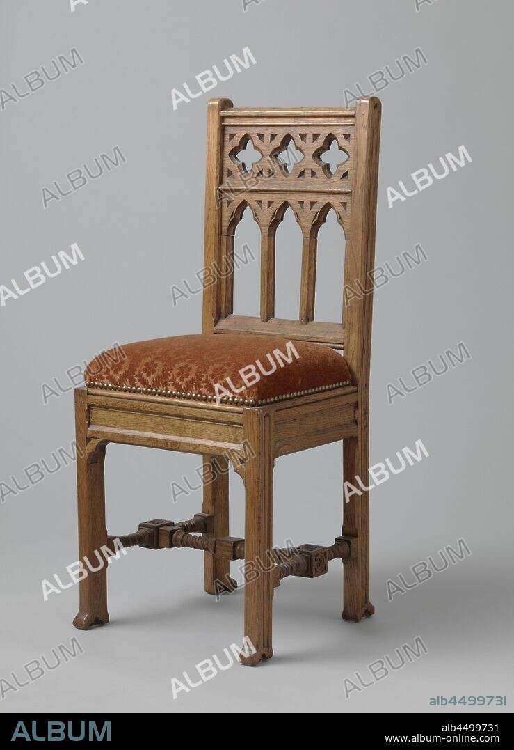 Chair, Chair in Gothic style. Upholstered in red string, fruits: pear (branch, stick), birds, bunch of flowers, ornament, column, pillar, architecture, Pierre Joseph Hubert Cuypers, Roermond, 1850 - 1860, oak (wood), h 90.0 cm × w 40.0 cm × d 41.0 cm.