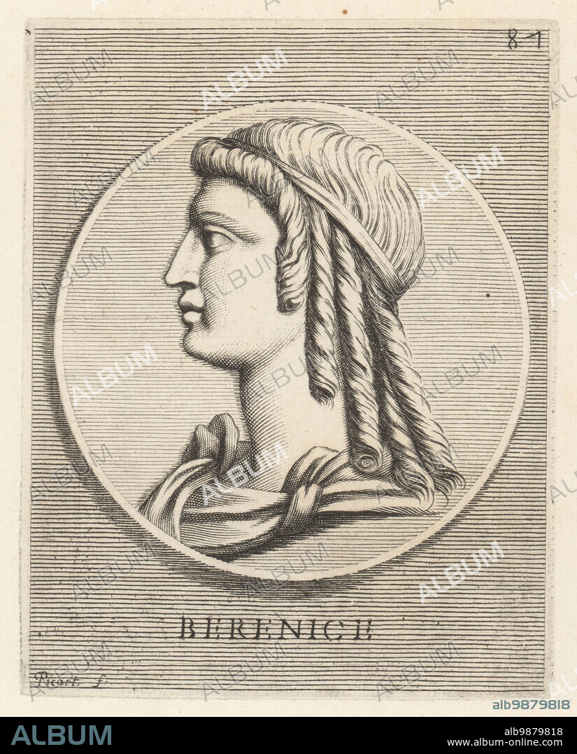 Berenice I, c. 340-268 BC, Queen of Egypt by marriage to Ptolemy I Soter. Second queen, after Eurydice, of the Ptolemaic dynasty of Egypt. Wearing her hair in ringlets under a royal diadem from a bronze medal. Berenice. Copperplate engraving by Etienne Picart after Giovanni Angelo Canini from Iconografia, cioe disegni d'imagini de famosissimi monarchi, regi, filososi, poeti ed oratori dell' Antichita, Drawings of images of famous monarchs, kings, philosophers, poets and orators of Antiquity, Ignatio deLazari, Rome, 1699.