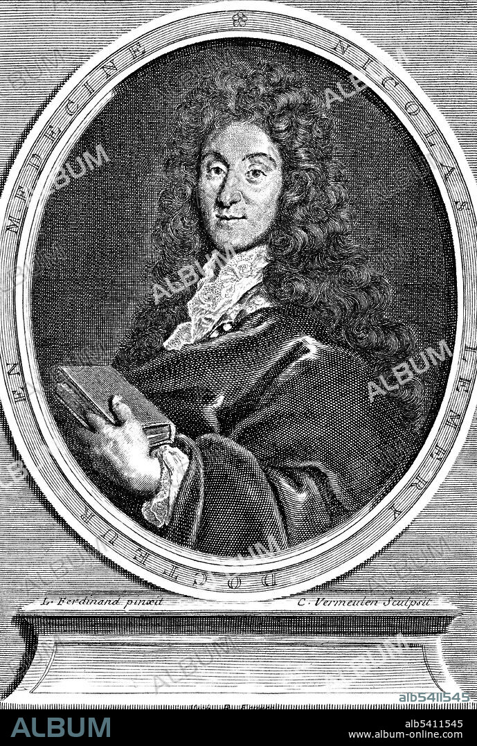 Nicolas Lémery (November 17, 1645 - June 19, 1715) was a French chemist. He did not concern himself with theoretical speculations, but holding chemistry to be a demonstrative science, confined himself to the straightforward exposition of facts and experiments. His lectures were hugely popular with fashionable society and pharmaceutical students, attracting many foreigners. His style was unusual at the time because he demonstrated many experiments himself. He shunned alchemists, and did not regard the quest of the philosopher's stone and the elixir of life as the sole end of his science. He was one of the first to develop theories on acid-base chemist. Engraving by Cornelis Vermeulen, undated (cropped and cleaned).