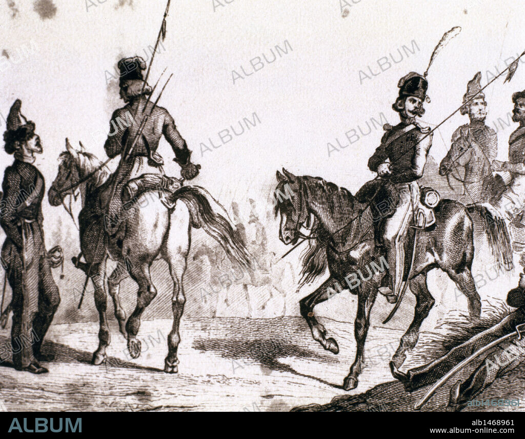 HISTORIA DE LA RUSIA ZARISTA. "COSACOS". Soldados rusos de tropa ligera. Grabado del siglo XVIII.