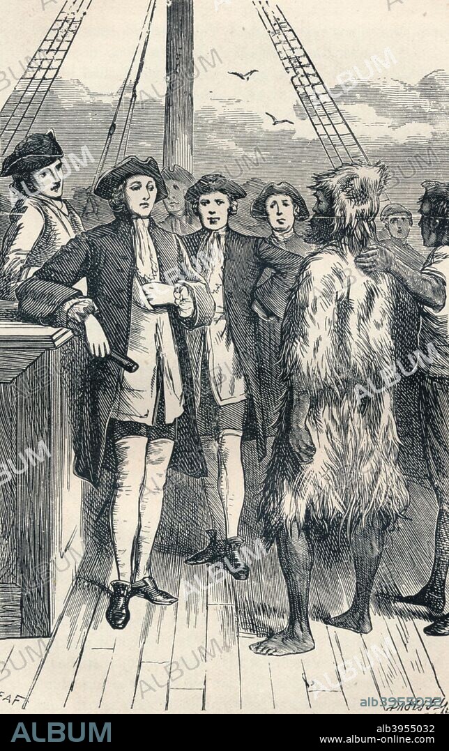Castaway, Alexander Selkirk (1676-1721) been greeted by Woodes Rogers (1679?1732) the captain of the Duke, upon his rescue. Alexander Selcraig, was a Scottish sailor who spent more than four years as a castaway after being marooned on an uninhabited island in the South Pacific Ocean. From Notabel Voyagers: from Columbus to Nansen by William H. G. Kingston and Henry Frith, published 1904 by George Routledge and Sons, Ltd.