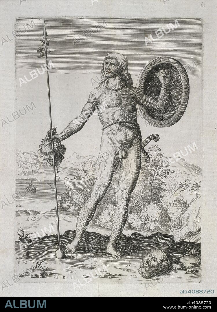 THEODOR DE BRY. The Trvve Picture of One Picte'. Engraving of a Pict holding a severed head in his hand.  The Picts were a group of late Iron Age and early Mediaeval Celtic people living in ancient eastern and northern Scotland. [America.-Part I.-English.] A briefe and true report of the new found land of Virginia, of the commodities and of the nature and manners of the naturall inhabitants. Discouered by the English Colony there seated by Sir R. Greinuile In 1585 This fore booke is made in English by Thomas Hariot. Frankfurt, 1590. Source: C.38.i.18, 35. Language: English.