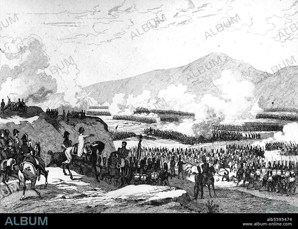 Napoleonic Wars, the Battle of Jena and Auerstedt on Oktober 14,1806. (Prussian defeat against Napoleon I). "Bataille d'Iena". Etching, ca. 1840, by Reville after Pierre Martinet (born 1781). From the series: France Militaire. Berlin, Sammlung Archiv für Kunst und Geschichte.