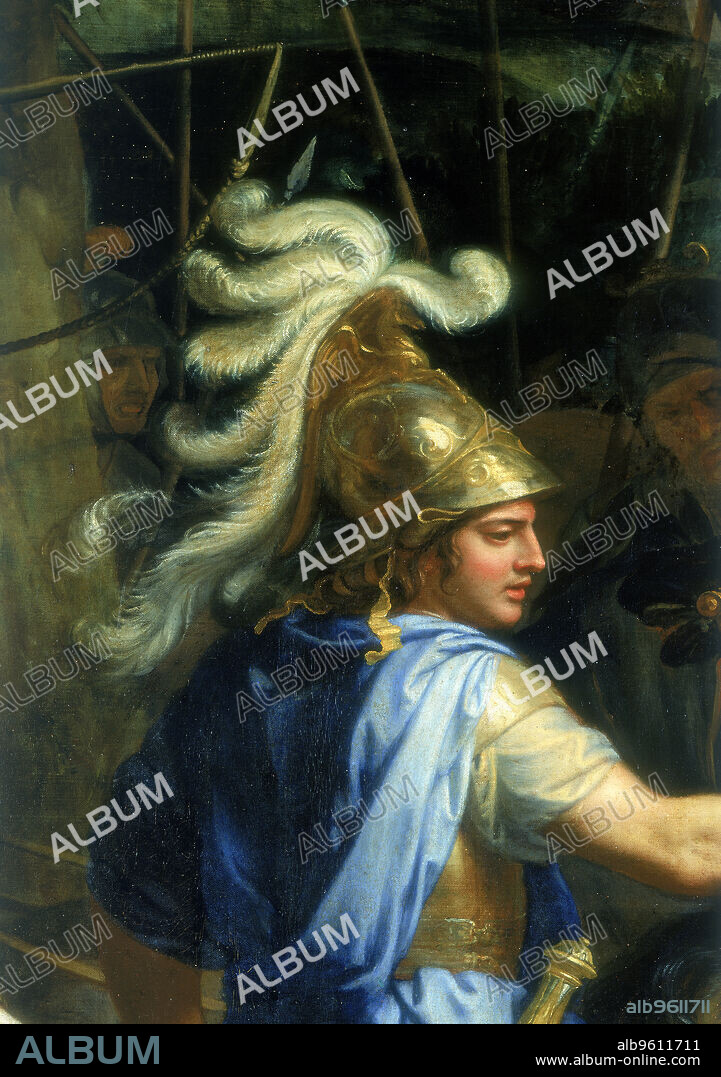 CHARLES LE BRUN. 'Alexander and Porus', c1673. Detail showing Alexander the Great in a blue robe and with a plumed helmet.