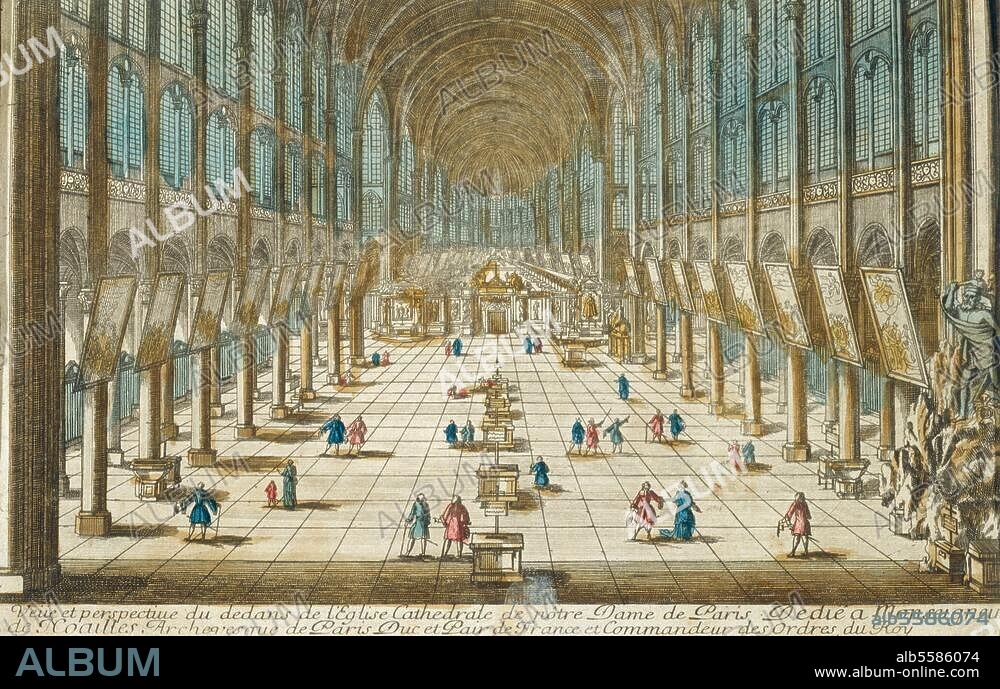Paris, France. Notre-Dame de Paris, built between 1163 and 1345. Interior view. Contemporary copper engraving. Paris, Musée de Notre-Dame.