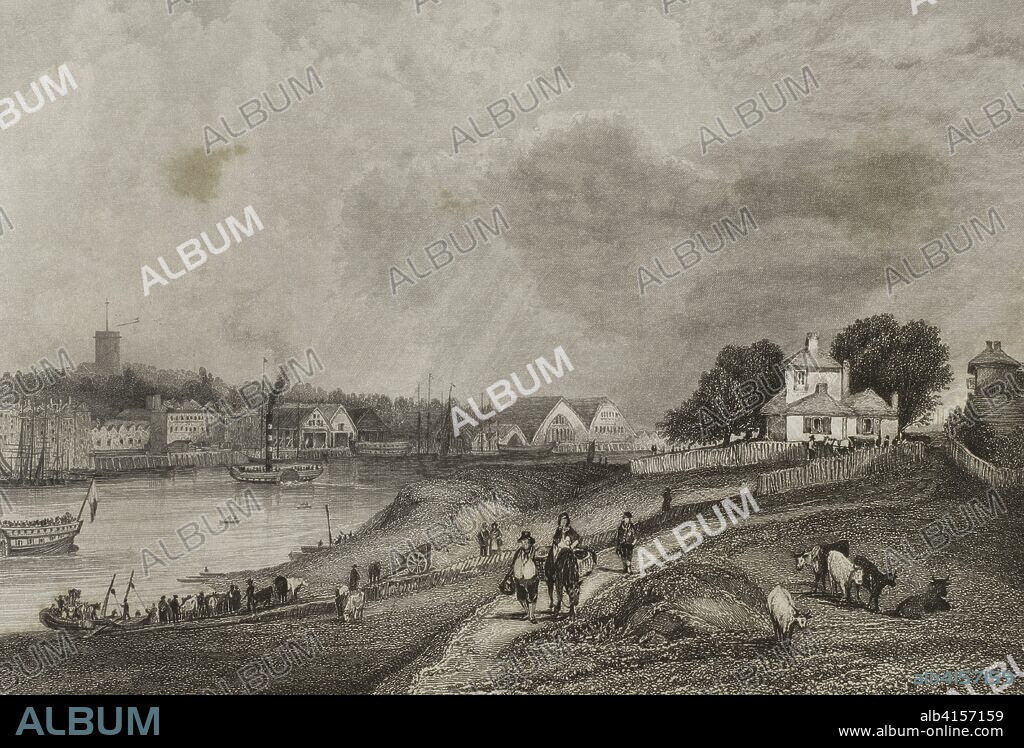 Reino Unido. Inglaterra. Woolwich. Localidad que formó parte del condado de Kent hasta 1889, cuando el condado del Gran Londres fué creado. Paisaje de un grupo de casas, la iglesia y un barco a vapor en el río Támesis. Grabado por William Henshall (1774-1843) a partir de un estudio original del pintor paisajista Charles Marshall (1806-1890). "London and its Environs", h. 1840 (Londres y sus alrededores). Biblioteca Histórico Militar de Barcelona. Cataluña, España.