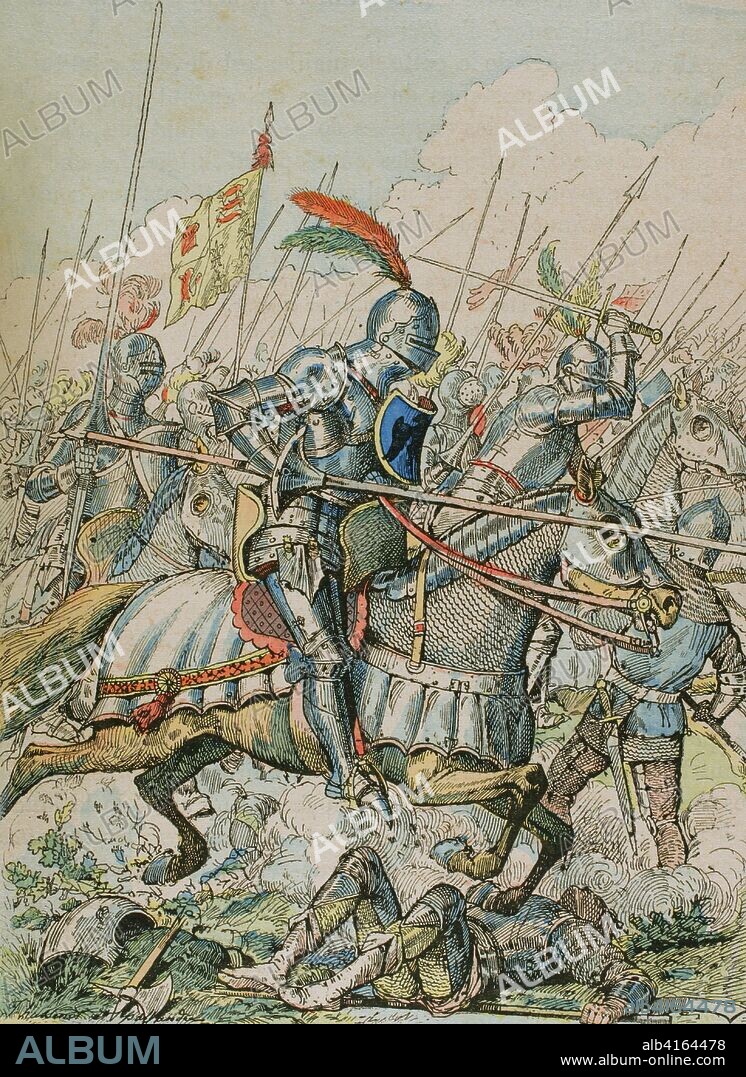 Soldados medievales durante una batalla, gritando "Montjoie Saint Denis!!. Grito de batalla y lema del reino de Francia. Existe la creencia de que hacía referencia a la legendaria bandera de Carlomagno, la Oriflamme, conocida por "Montjoie". Ilustración a color de la "Armeé Française, Nos Soldats" (Ejército Francés, Nuestros Soldados). Autor, Eugene Hennebert (1826-1896). París, h. 1890. Ilustraciones firmadas por Hussenot y Pallandre. Biblioteca Histórico Militar de Barcelona, Cataluña, España.