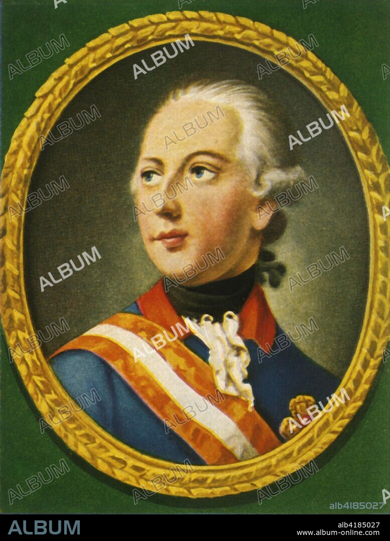 'Joseph II', (1933). Portrait of Joseph II, Holy Roman Emperor (1741-1790), Archduke of Austria, King of Hungary and Croatia, and King of Bohemia. After a miniature by Heinrich Friedrich Füger. From "Gestalten Der Weltgeschichte", a book of cigarette-card portrait miniatures of figures in world history from the last four hundred years. [Germany, 1933].