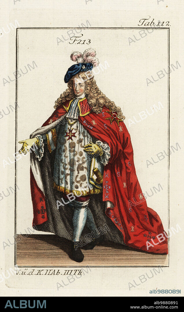 Knight of the Order of Our Lady of Mount Carmel (Ordre de Notre-Dame du Mont-Carmel) in ceremonial robes with feather cap, embroidered mantle and tunic. French military and hospitaller order founded by Henry IV in 1607 to prove the sincerity of his conversion and prevent the extinction of the Order of St. Lazarus. Copied from an illustration by Christoph Weigel in Philipp Bonannis Ritter-Ordern, 1728. Handcolored copperplate engraving from Robert von Spalart's Historical Picture of the Costumes of the Principal People of Antiquity and Middle Ages, Vienna, 1802.