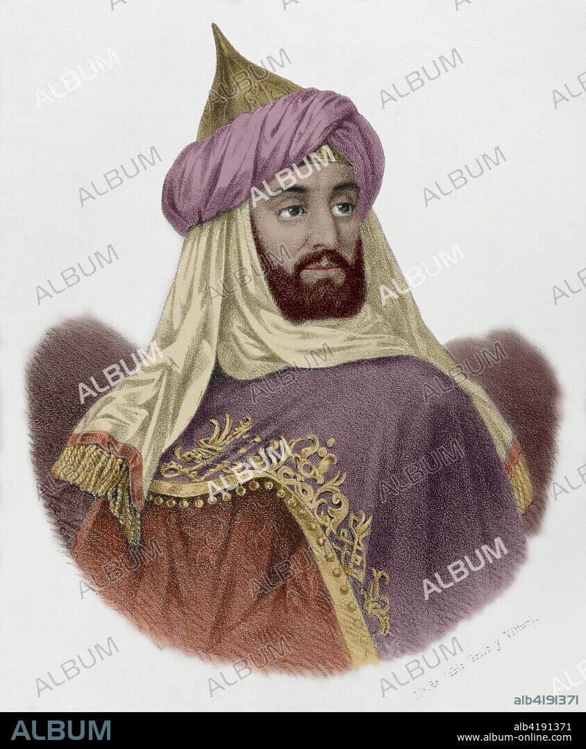 Muhammad ibn Nasr (1194-1273). El primer rey del Reino de Granada y fundador de la dinastía de los Nazaríes. Gobernó de 1238 a 1273 como Muhámmad I. Conocido por Ibn al-Ahmar o Alhamar. Retrato. Litografía. Coloreada. Crónica General de España, Historia Ilustrada y Descriptiva de sus Provincias. Andalucía, 1869.
