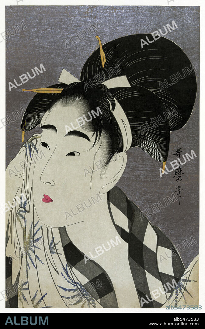 Bijinga (lit., 'beautiful person picture') is a generic term for pictures of beautiful women in Japanese art, especially in woodblock printing of the <i>ukiyo-e</i> genre, which predate photography. Nearly all <i>ukiyo-e</i> artists produced <i>bijinga</i>, it being one of the central themes of the genre. Kitagawa Utamaro (ca. 1753 - October 31, 1806) was a Japanese printmaker and painter, who is considered one of the greatest artists of woodblock prints (<i>ukiyo-e</i>). He is known especially for his masterfully composed studies of women, known as <i>bijinga</i>. He also produced nature studies, particularly illustrated books of insects.