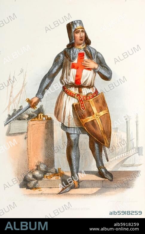 Villehardouin, Geoffroy de; French chronicler, took part in the Fourth Crusade; Château Villehardouin near Bar-sur-Aube c. 1150 - in Thrace 1213. "VILLEHARDOUIN". Copper engr., undat., by Louis Jean Desire Delaistre (1800-1871) after drawing by Claude Jacquand (1804-1878). Paris, Private Collection.