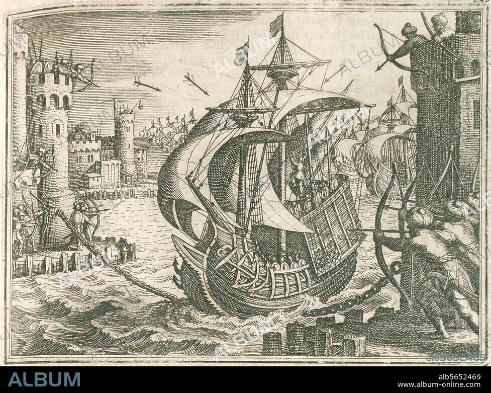 Dritter Kreuzzug 1189-92 / Belagerung der Stadt Damiette in Ägypten 1191. "Holländer öffnen den Christen den Port von Damiata". Kupferstich von Matthäus Merian d. Ä. (1593-1650). Aus: Johann Ludwig Gottfried, Historische Chronica, Frankfurt a. M. (M.Merian) 1630, S. 553. Berlin, Sammlung Archiv für Kunst und Geschichte.
