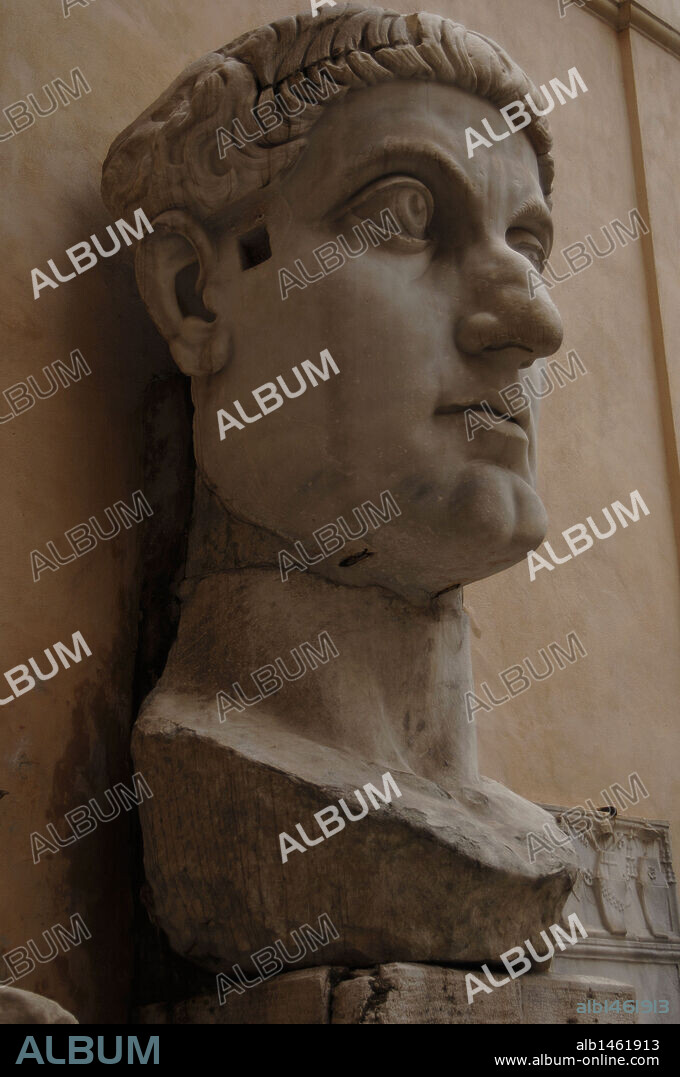 Constantine the Great (Flavius Valerius Aurelius Constantinus Augustus) (272-337). Roman Emperor from 306-337. Know for being the first roman emperor to convert to christianity. Head of Constantine's colossal statue. Capitoline Museums. Rome. Italy.